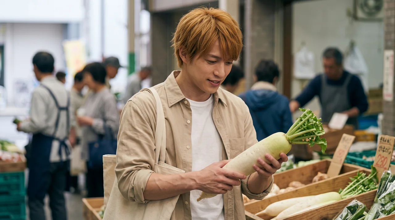 昼は市場で旬の野菜を選ぶ